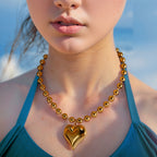exaggerated bead chain 18K gold heart pendant necklace geometric minimalist hip-hop choker