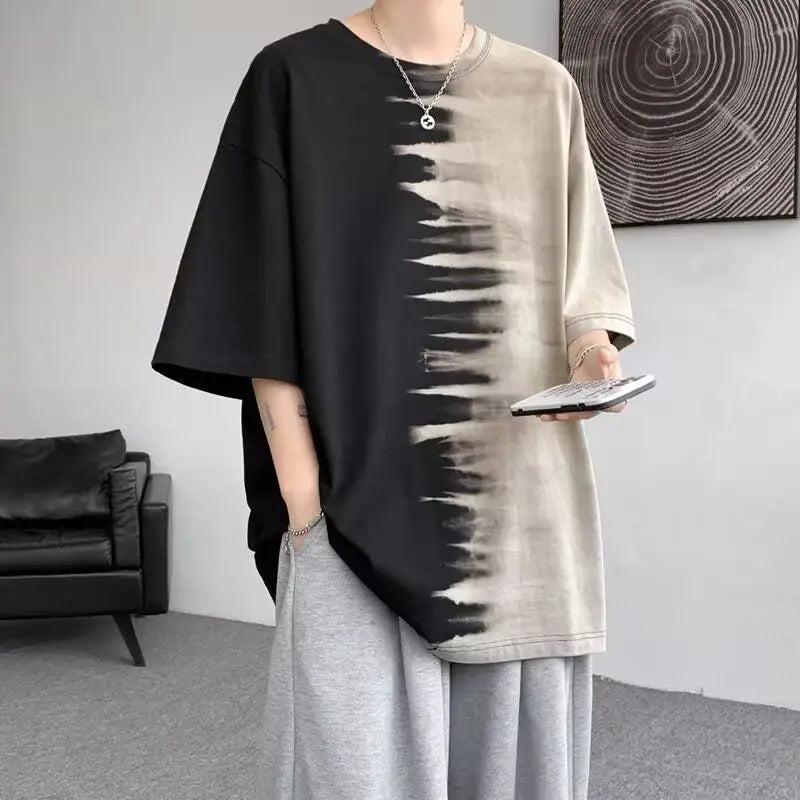 2024 Summer Gradient Color Casual Loose American Style Trend Creative Splicing Handsome Chaopai Heavyweight Men's Clothing Tees