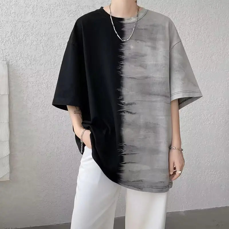 2024 Summer Gradient Color Casual Loose American Style Trend Creative Splicing Handsome Chaopai Heavyweight Men's Clothing Tees
