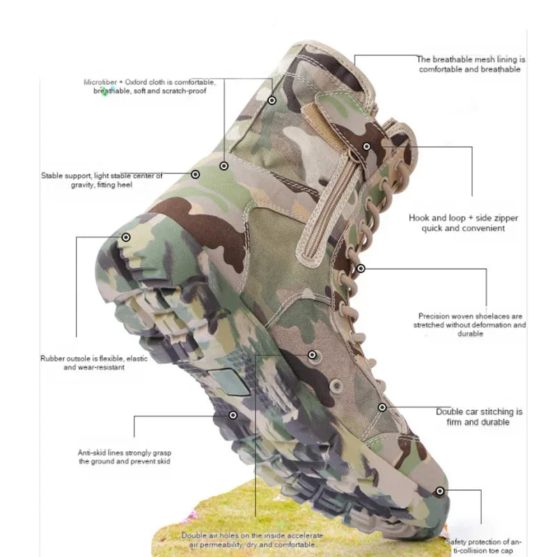 Waterproof Men Lace Up Boots Outdoor Botas Breathable Canvas Camouflage Tactical Combat Desert Ankle Shoes D139