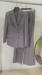 Grey Sequin Stripe Linen Blend Blazer & Wide Leg Pants Two-Piece Suit