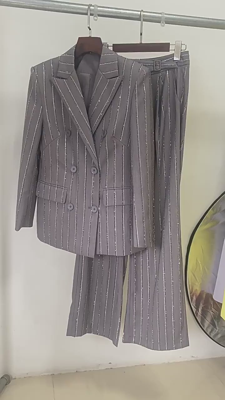 Grey Sequin Stripe Linen Blend Blazer & Wide Leg Pants Two-Piece Suit