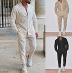 Men's Long Sleeve Suits Solid Color V-neck Pullover Tops And Straight Pants Casual Two Piece Set For Daily Wear Clothing