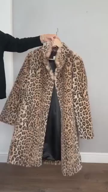 Leopard Print Plush Mid-Length Coat Women's Warm Faux Fur Outerwear For Fall Winter Casual Fashion Clothing