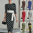 Women Elegant Black White Polka Dot Midi Dress With Waist Belt Three-Quarter Sleeve O Neck Pencil Bodycon Formal Work Office Party Dress