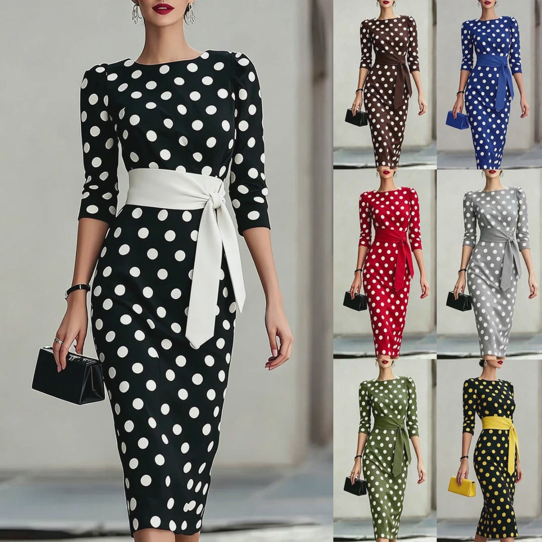 Women Elegant Black White Polka Dot Midi Dress With Waist Belt Three-Quarter Sleeve O Neck Pencil Bodycon Formal Work Office Party Dress