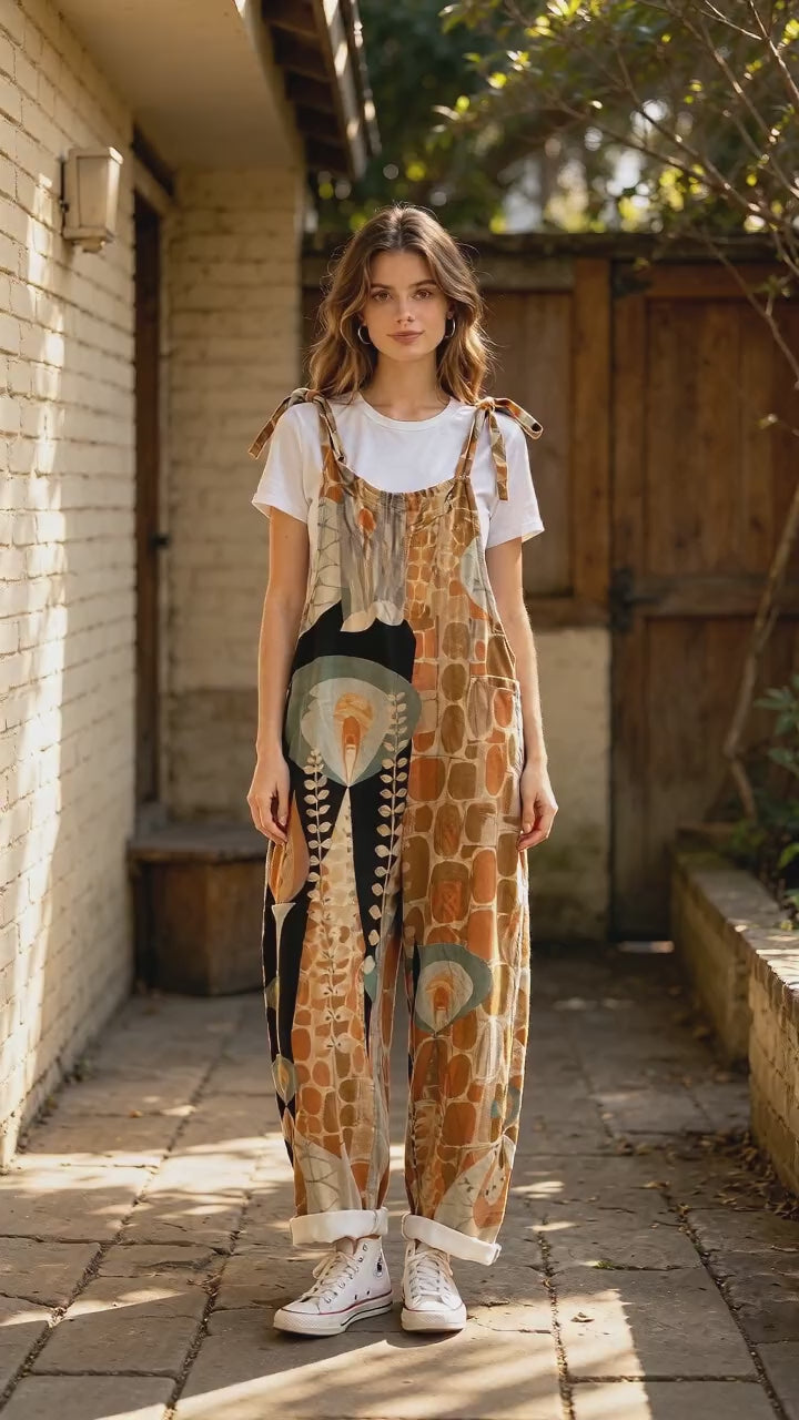 Women Vintage Abstract Plant Block Print Tie Strap Overalls, Loose Wide Leg Rolled Cuff Casual Jumpsuit With Pockets