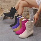 Pointed Toe Western Boots Fashion Retro Embroidered Chunky Square-heeled Mid-calf Boot For Women
