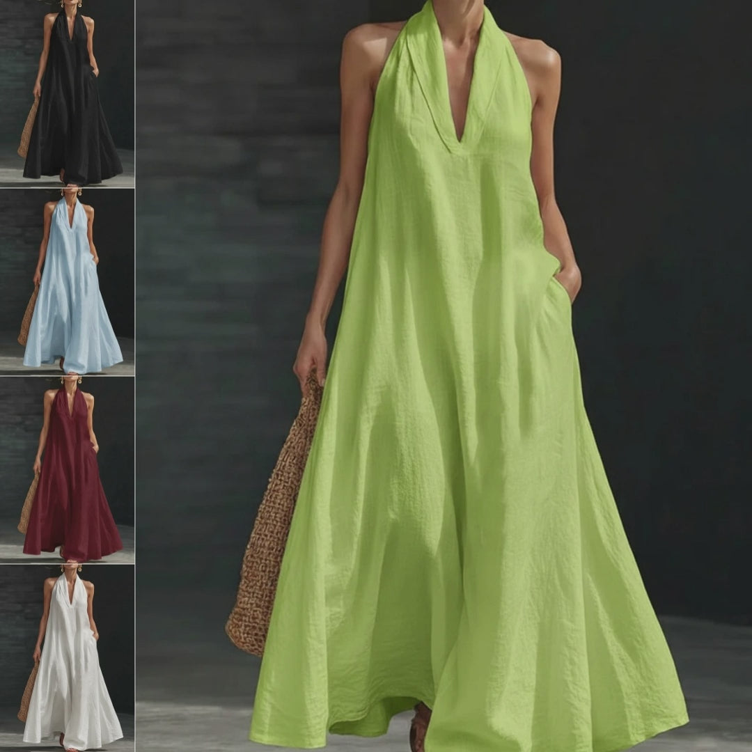 Casual V-neck Dress Halter Style Long Dress For Women's Casual Solid Color  A-line Dress For Daily Wear