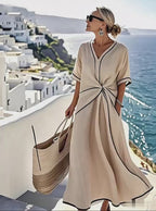 Summer Striped Print Dress Casual Beach Vacation Short-sleeved Maxi Dress Womens Clothing